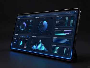 Premium dark-mode editorial photography of a high-end digital interface displaying complex data visualizations, dramatic electric-blue rim lighting, high contrast.
