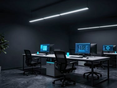 Premium dark-mode editorial photography of a sleek digital agency office in Baghdad, dramatic low-key studio lighting, neon-cyan highlights, sharp contrast