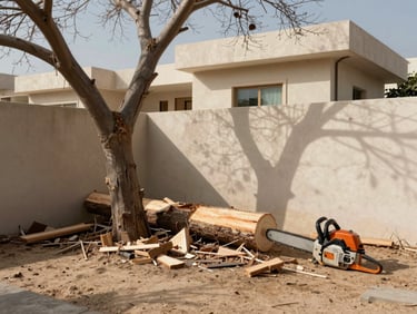 Wide environmental shot of a storm-damaged tree being sectioned near a Dubai villa wall, chainsaw visible in use, debris on dry sandy ground, harsh afternoon light flattening shadows