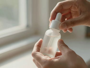 Macro close-up of hands unboxing a minimalist skincare bottle, soft morning light filtering through a window, warm tones, focus on texture.
