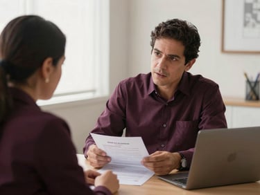 A Colombian psychologist engaging in a focused conversation with a colleague at a desk, reviewing a legal document. Soft natural daylight, deep grape and warm neutral tones, professional documentary style, 35mm.
