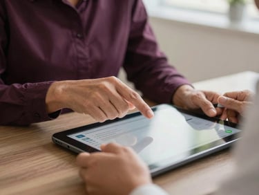 Close-up of a Colombian psychologist's hands interacting with a digital assessment tool on a tablet, demonstrating clinical application. Soft natural daylight, deep grape and warm neutral tones, professional documentary style, 35mm.