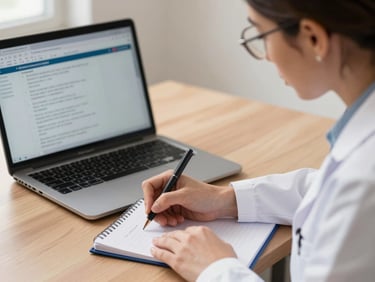 A Colombian psychologist thoughtfully writing notes in a professional setting, with a laptop open showing research data in the background. Soft natural daylight, deep grape and warm neutral tones, professional documentary style, 35mm.