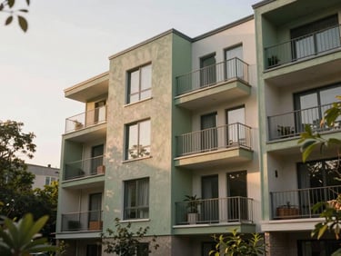 Modern apartment building exterior with sage green details, surrounded by trees, soft morning light, 35mm.