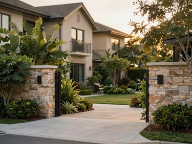 Beautiful gated community entrance with stone walls and lush green plants, warm golden hour sun, 35mm.