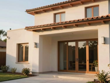 Bright and airy modern house exterior with terracotta accents, warm natural light, shallow depth of field, 35mm.