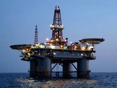 Wide environmental shot of a massive offshore oil rig at blue hour, cold tones with warm amber lights, wide-angle lens