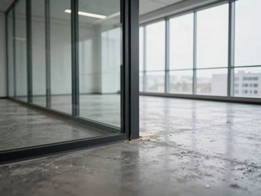 Close detail of a completed corporate office interior fit-out, polished concrete floor meeting a glazed partition wall, natural window light from the right, no occupants, materials crisp and in focus