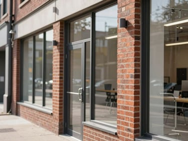 Close-up framing of a retail storefront undergoing conversion to office use, raw brick and steel window frames visible, natural daylight from the left, organized site with clean sight lines