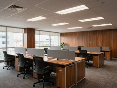 Close-environmental shot of a completed corporate office fit-out, open-plan workstations with acoustic ceiling panels, polished joinery at the perimeter wall, natural daylight from large windows, no people, organized and precise layout