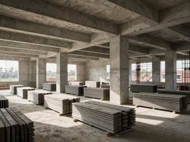 Wide landscape shot of an organized active construction site interior, concrete formwork and structural columns precisely aligned, natural daylight streaming through unfinished window openings, no workers in frame, materials stacked in ordered rows on a clean concrete deck