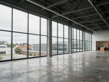 Wide shot of a completed retail-to-office conversion interior, polished concrete floor, exposed steel ceiling structure, floor-to-ceiling glazing, natural overcast daylight flooding the space, no people, clean organized layout visible
