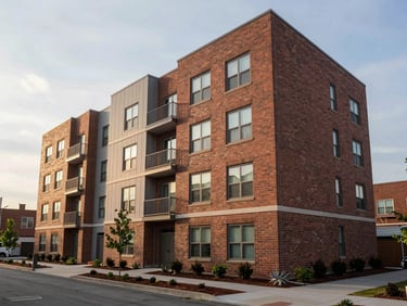 Environmental wide shot of a completed mid-rise apartment complex exterior, brick and panel facade, ground-level landscaping, soft morning overcast light, no people, urban street context at frame edges