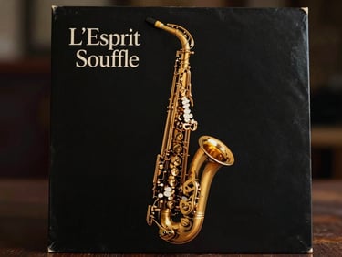 Pochette d'album 'L'Esprit Souffle', design minimaliste noir et or, saxophone stylisé