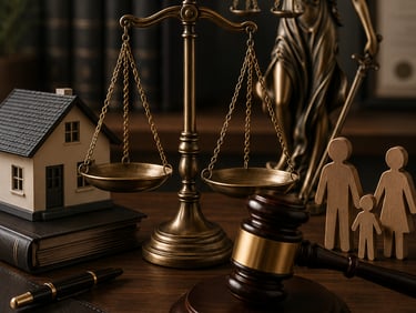 Legal concept image featuring scales of justice, a judge's gavel, and family figurines representing family law.