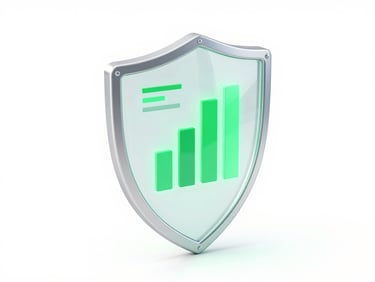 sleek 3d render, a glassmorphic security shield with glowing green lines, clean white backdrop, isometric