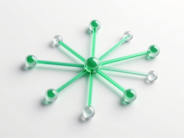sleek 3d render, abstract financial routing nodes with glowing green paths, clean white backdrop, isometric