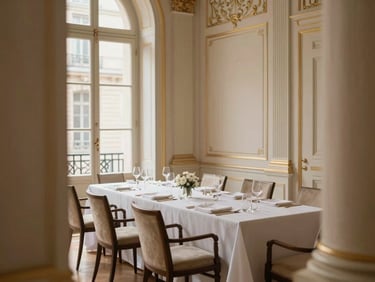 Warm editorial photography of a luminous Parisian salon arranged for an exclusive corporate reception, high ceilings, elegant architectural framing, soft-focus light, 35mm