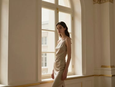 Warm editorial photography of an elegant model by a tall classic window, dramatic soft shadows, neutral cream and gold tones, 35mm