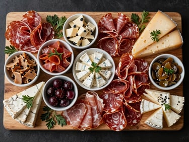 Overhead flatlay of a composed charcuterie and antipasto board arranged for a corporate inauguration — cured meats, artisanal cheeses, small bowls of antepasto, fresh herbs, warm natural light, no people