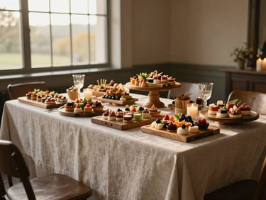 Wide environmental shot of a fully dressed corporate event table before guests arrive — layered linen, composed gourmet boards, candlelight accents, warm golden-hour window light, empty chairs, no people