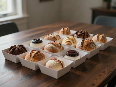 Detailed shot of a meeting-table setup — small individual boxes with artisanal breads and doces on a dark wood table surface, soft window light from the left, no people, clean negative space