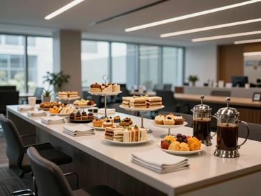 Wide-angle view of a corporate coffee break station set in a modern office lobby — a long table with tiered stands of finger sandwiches, mini pastries, and fruit, two French press carafes, linen napkins folded neatly, warm ambient light from floor-to-ceiling windows, no people present