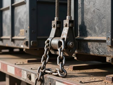 Close-up of industrial steel cargo securing chains and heavy tensioners locking heavy freight onto a flatbed trailer, harsh Egyptian daylight, metallic textures, high-contrast shadows.