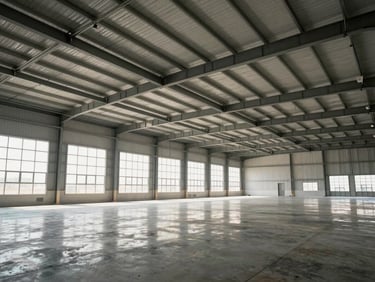 Interior of a newly completed commercial steel hangar in Dammam, wide clear span, high ceiling, polished concrete floor