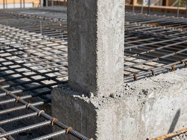 Reinforced concrete column and steel rebar grid at a construction site foundation.