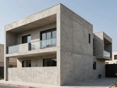 Exterior facade of a modern concrete residential villa in Dammam, clean lines, solid reinforced concrete structure, bright daylight.