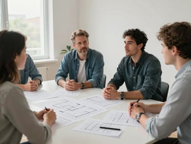Wide interior shot of a contractor meeting with a homeowner at a clean table, documents and floor plan sketches spread out, bright natural window light from the left, calm and professional atmosphere