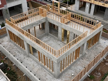 Overhead architectural-angle shot of a residential renovation in progress, concrete structure and framing visible in clean organized stages, natural overcast daylight, no clutter or debris in frame