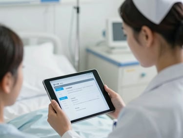Over-the-shoulder shot of a clinical nurse using a tablet interface at a patient bedside, bright neutral daylight, clean modern ward.