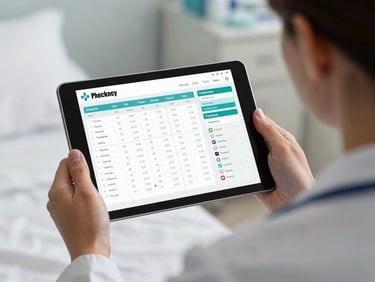 Over-the-shoulder view of a clinical coordinator using a high-fidelity hospital management dashboard on a tablet, showing real-time bed occupancy metrics and pharmacy synchronization under bright, neutral clinical lighting.