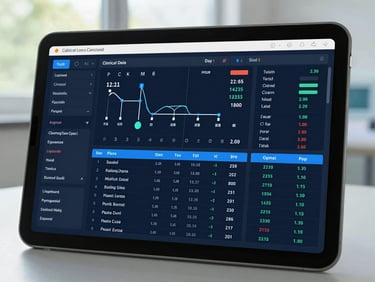 A high-density modern hospital software dashboard showing real-time clinical data, patient flow metrics, and clean surgical scheduling timelines on a tablet screen, bright natural daylight.