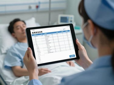 Over-the-shoulder view of a nurse holding a tablet displaying a clean, high-contrast electronic medical record interface with patient vitals at a modern hospital bedside.