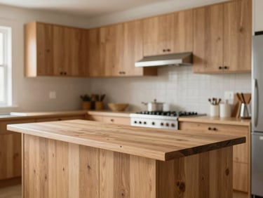 A warm modern kitchen with solid oak cabinets, clean wooden countertops, soft daylight, lived-in friendly atmosphere