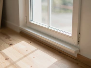A newly installed white wooden window frame in a bright room, warm morning sun casting soft shadows on the clean wooden floor