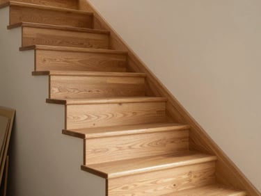A beautifully crafted wooden staircase in a modern renovated house, warm oak steps, clean lines, soft side light