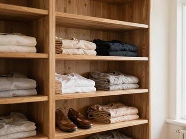 A custom built-in wooden dressing room in a bedroom, warm oak shelves, clothes neatly arranged, soft natural light