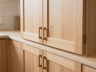 A bright, warm wooden kitchen cupboard with simple modern handles, soft daylight illuminating the clean wooden surfaces