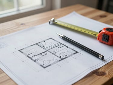 Close-up of architectural blueprints on a wooden table, a metal measuring tape and mechanical pencil resting on the technical drawings, sharp focus, natural overcast light from a nearby window.