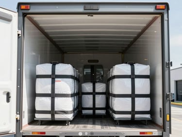 Wide shot of a clean, modern, well-lit logistics truck interior, high-contrast daylight, showing perfectly organized and strapped corporate assets, professional logistics aesthetic, 35mm lens.