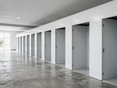 Wide shot of a clean, brightly lit, modern climate-controlled storage facility with organized private storage rooms and polished concrete floors.