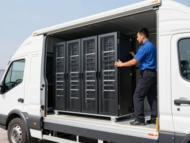 Clean, high-key shot of secure corporate server racks being loaded onto a modern, organized transport vehicle by a uniformed technician in bright daylight.