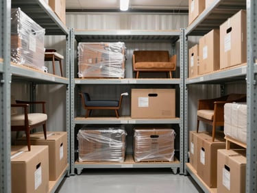 A clean, well-lit, climate-controlled storage vault with neatly wrapped mid-century furniture and professional moving crates, high-contrast, editorial style, 35mm lens.