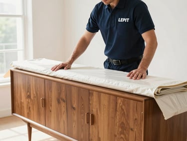 Medium-close shot of a professional mover in a clean, branded navy uniform carefully wrapping a mid-century modern wood sideboard with thick protective padding in a sunlit room.