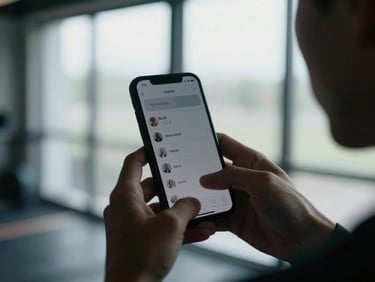 Authentic close-up of a coach-client check-in screen on a smartphone, soft natural gym window light, cool tones