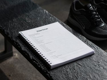 Candid close-up of a training log and athletic gear on a dark slate bench, dramatic side-shadows, sharp focus